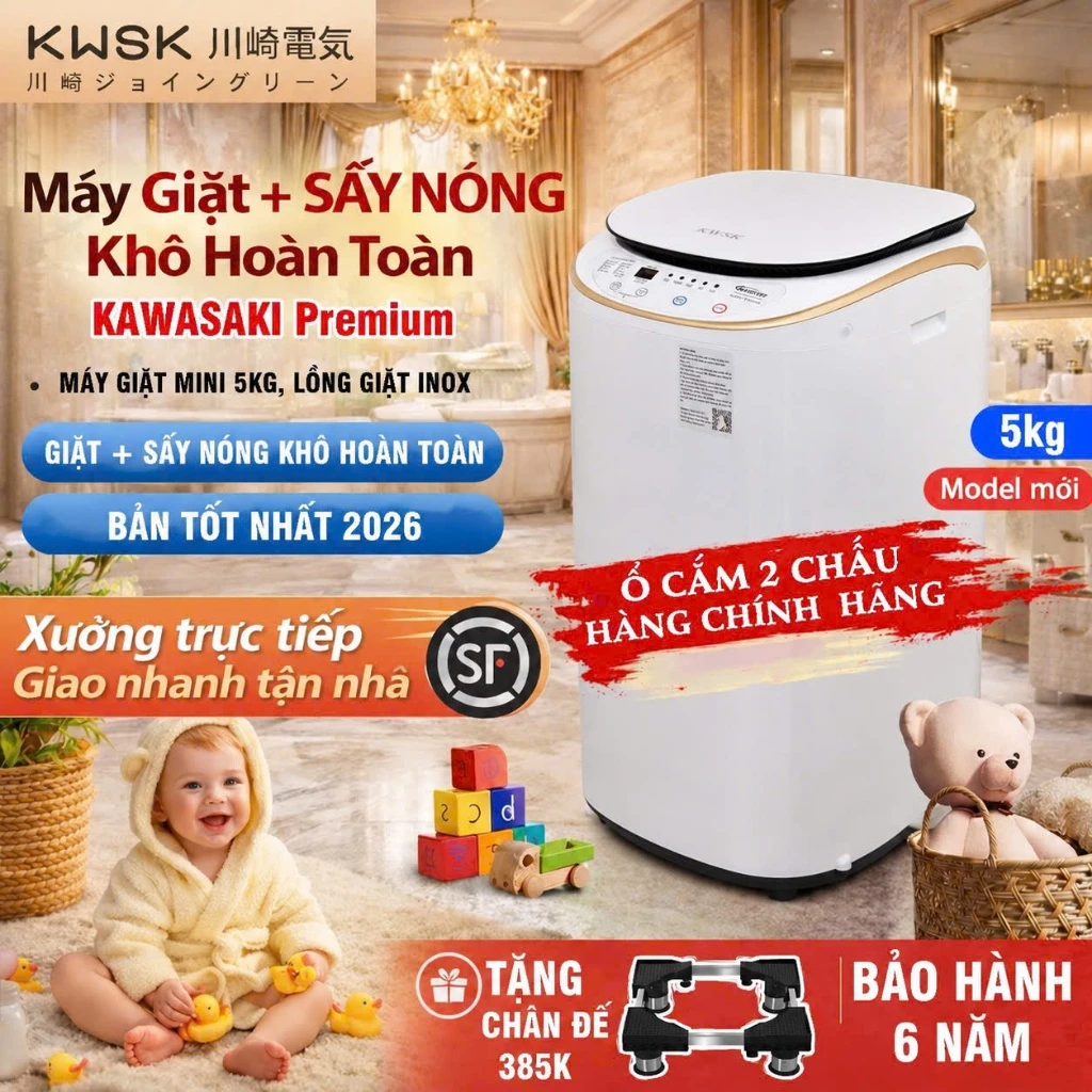 Máy giặt Mini PVL - Kawasak PREMIUM tích hợp sấy nóng khô hoàn toàn, INVETER siêu tiết kiệm điện, 10 chức năng giặt