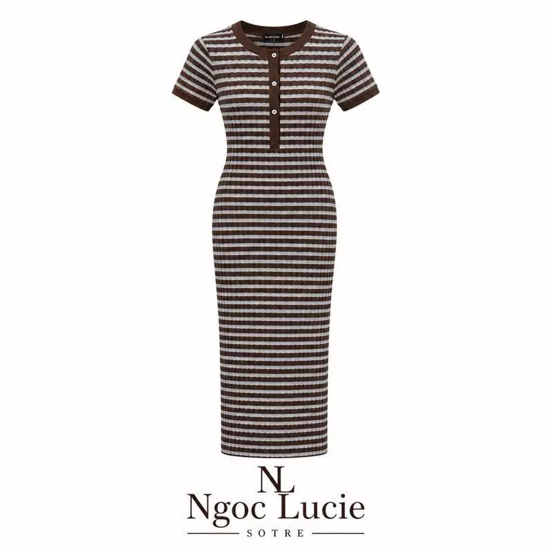 G11 - Đầm Body Cổ Trụ Đính Nút Tay Con Vải Sọc Phong Cách Đơn Giản Sang Trọng,… Ngọc Lucie
