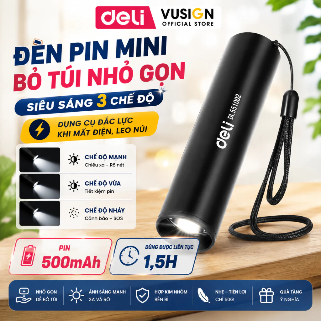 Đèn pin mini Deli Cao Cấp Siêu Sáng - Dùng được lên tới 1,5h - Nhỏ gọn bỏ túi