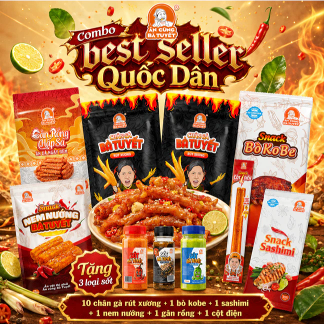 (Tặng 2 gói bim bim) Combo BEST SELLER QUỐC DÂN: 10 chân gà + 3 loại nước chấm + 5 loại snack ướt - ĂN CÙNG BÀ TUYẾT