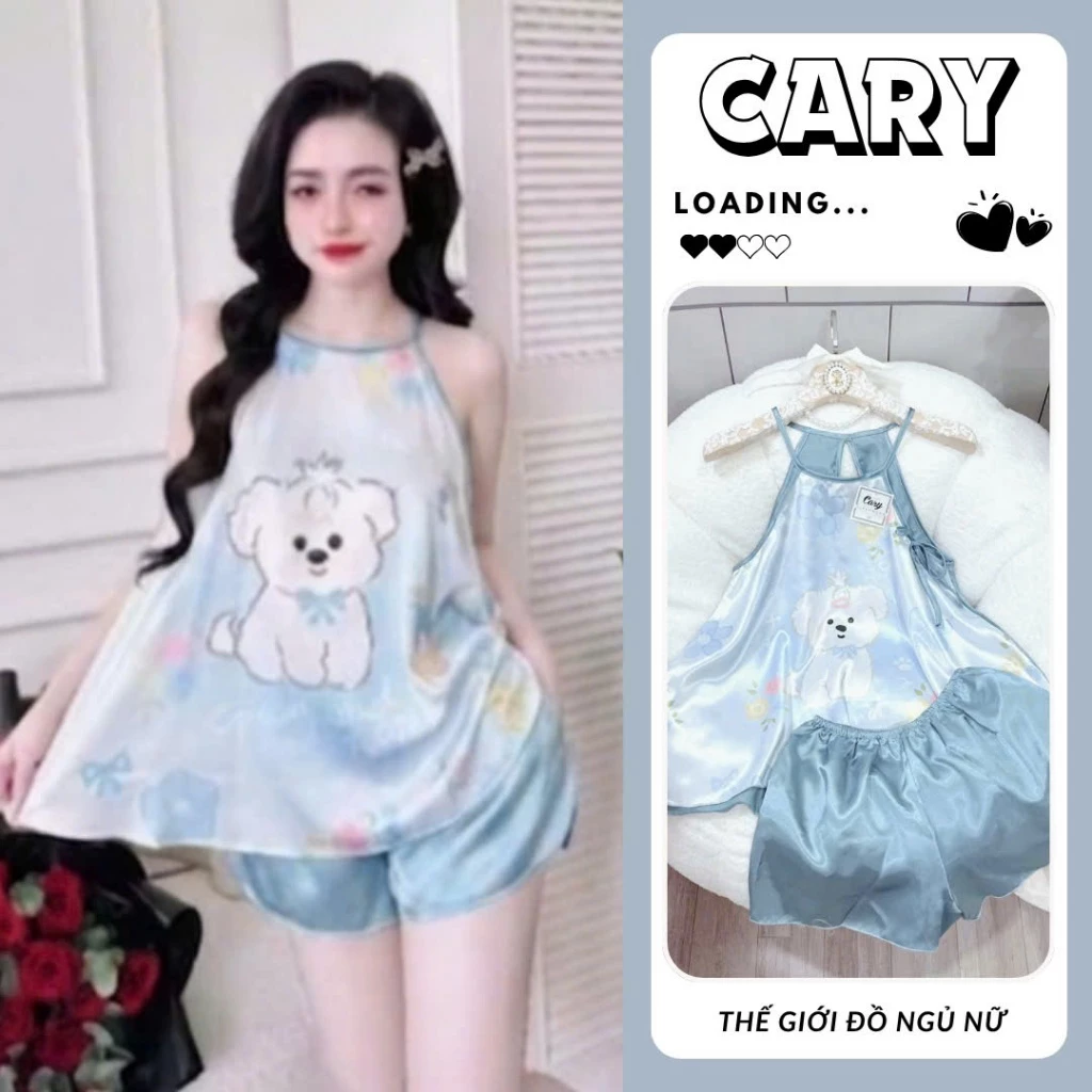 Bộ mặc nhà nữ cổ yếm quần đùi vải lụa mềm mát họa tiết in 3D sexy quyến rũ CARY