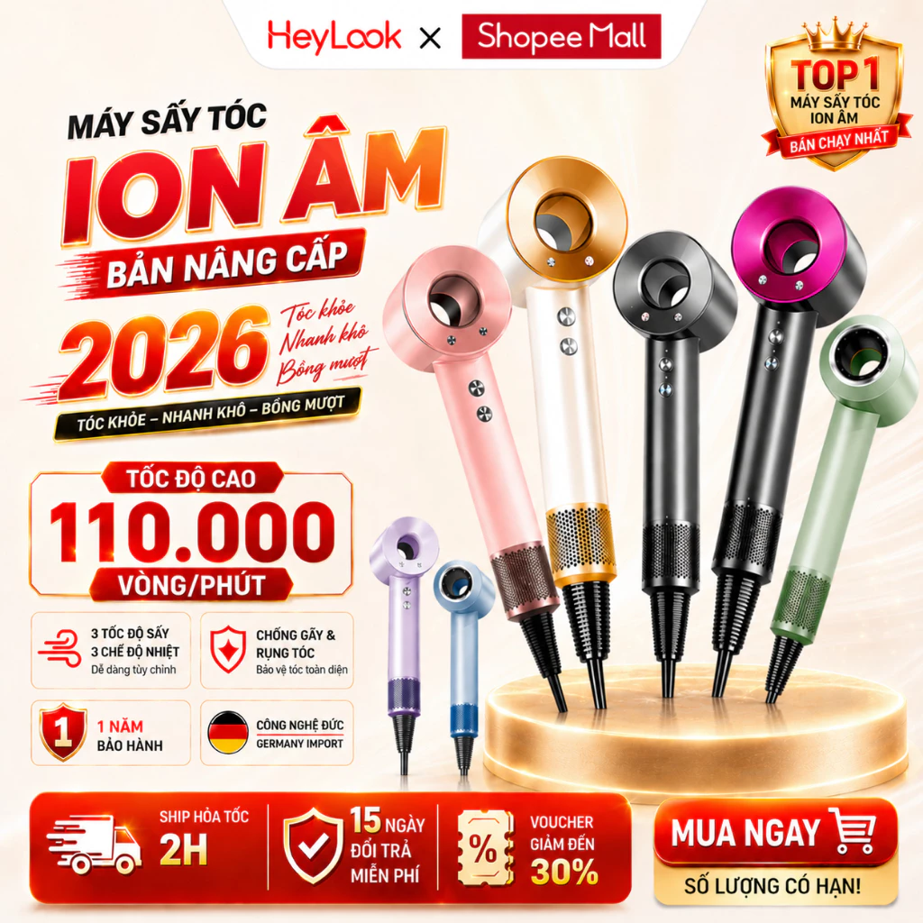 Máy Sấy Tóc Ion Âm 2 Chiều Nóng Lạnh Chăm Sóc Tóc Tốc Độ, Có 3 Chế Độ Sấy, Tặng Kèm Đầu Sấy Tạo Kiểu