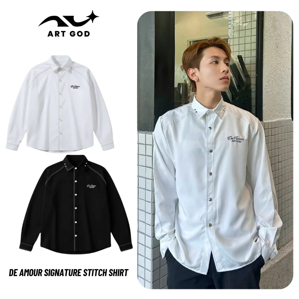 Áo Sơ Mi Khuy Bấm Kim Loại DE AMOUR Thêu Chỉ Line Dài Tay Chất Liệu Cotton Lụa ARTGOD HMA085