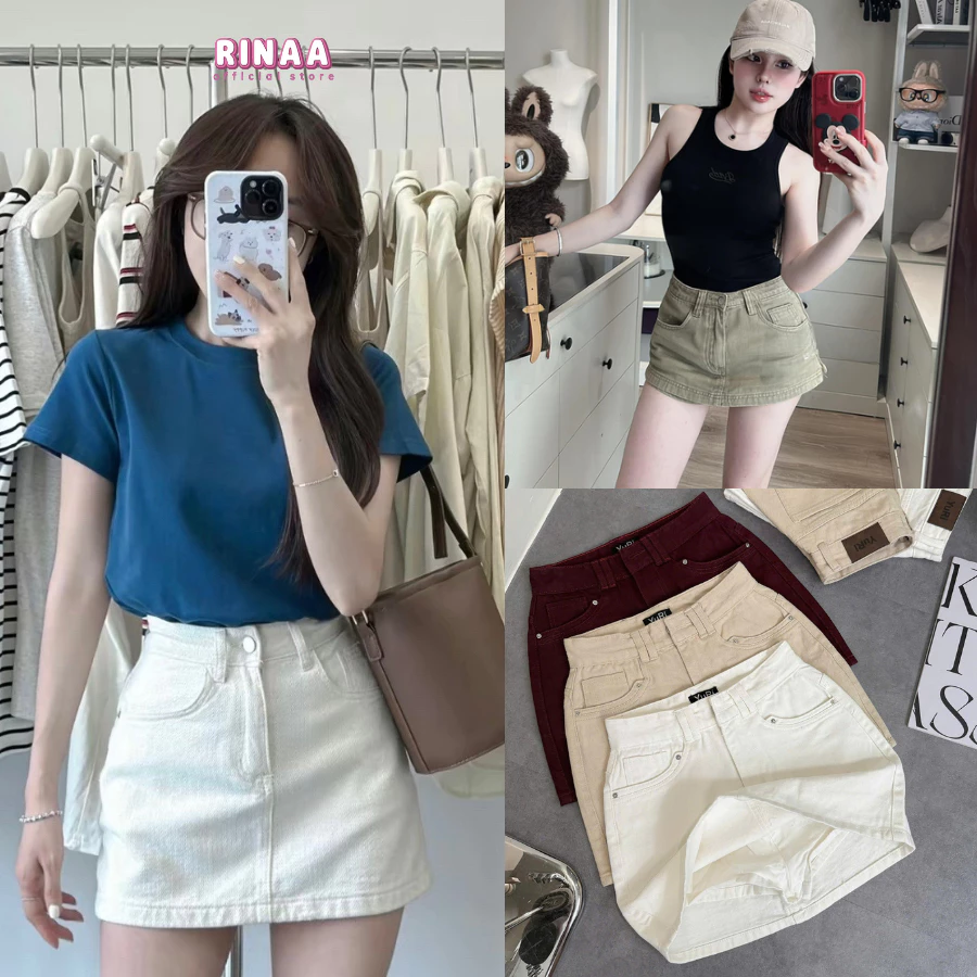 [MỞ BÁN]Chân Váy Jean Trắng Be Dáng A Basic RINAA Lưng Cao, Chân Váy Bò Ngắn Trên Gối Ôm Eo Tôn Dáng