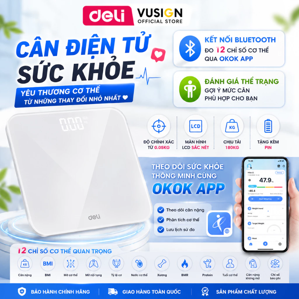 Cân Điện Tử Đo Chỉ Số Sức Khỏe Deli Chính Hãng Kết Nối Bluetooth Màn LCD Chính Xác