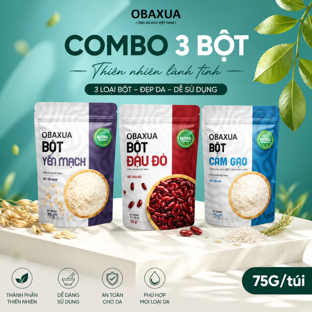 Combo 3 Bột OBAXUA 75g x3 – Đậu Đỏ, Yến Mạch, Cám Gạo