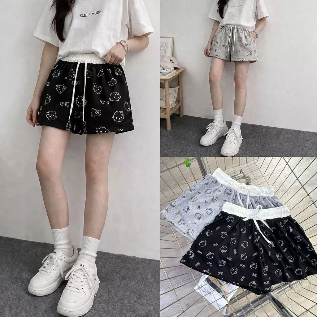 Quần Shorts Hello Kitty Cho Nam Nữ, Thiết Kế 2 Màu Đen-Xám,Phong Cách Thời Trang ,Chất Cotton Thoáng Mát