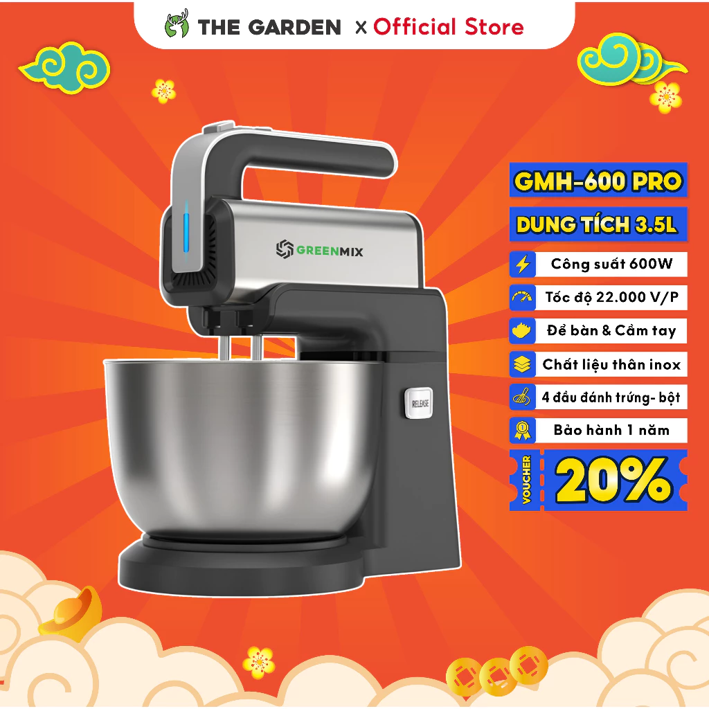 Máy Trộn Bột, Đánh Trứng, Đánh Kem Để Bàn GREENMIX GMH-600 PRO 5 Tốc Độ, Công Suất 600W, 2 trong 1 để bàn và cầm tay