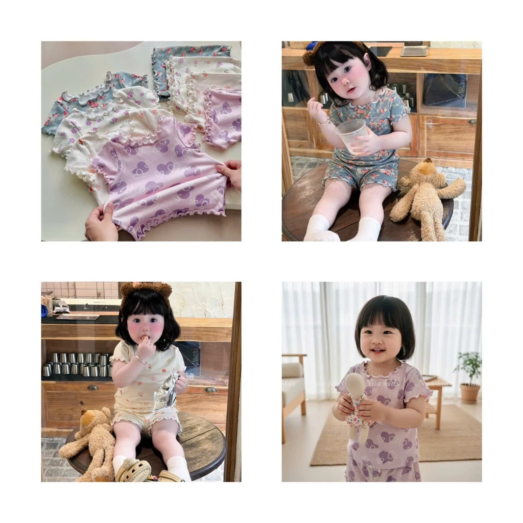 Bộ cộc tay bé gái viền bèo họa tiết hoa mjis phong cách Hàn quốc chất liệu cotton co giãn mềm mát