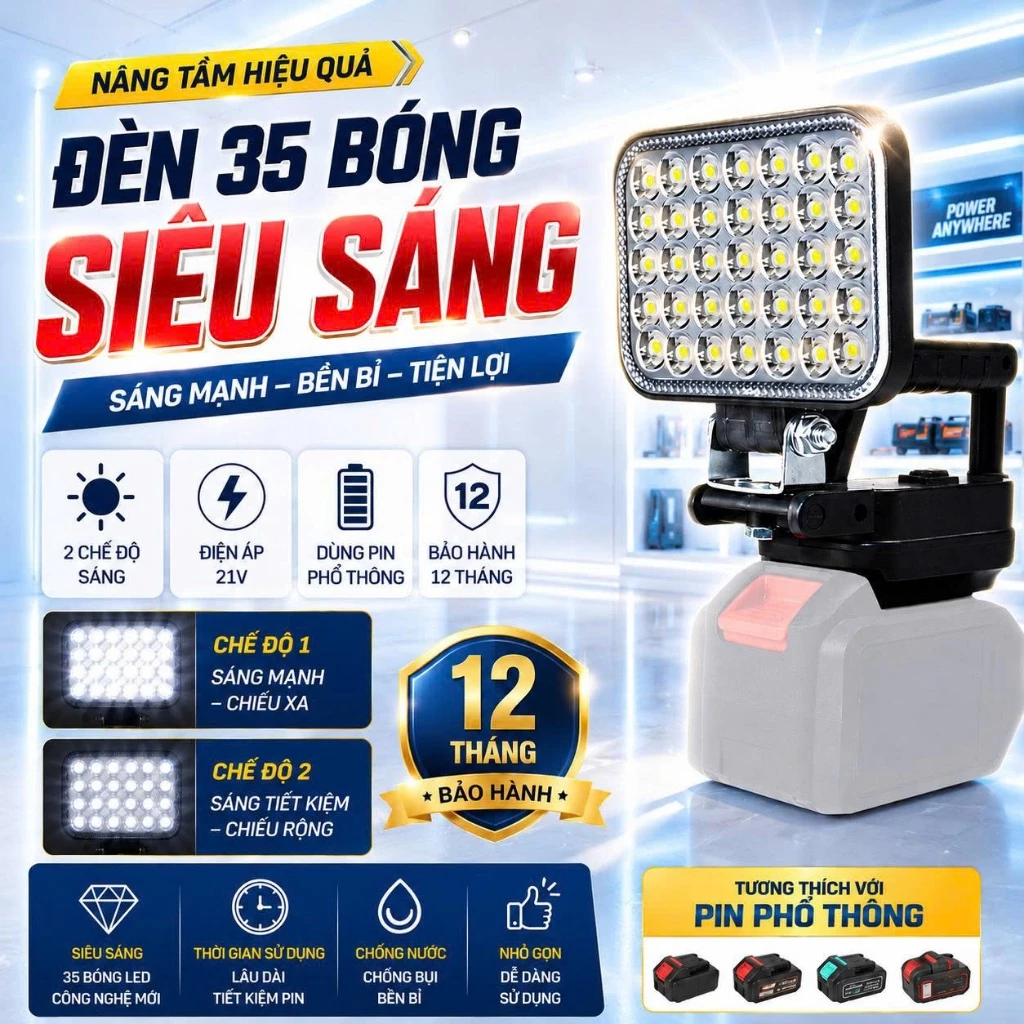 Đèn led 35/55 mắt siêu sáng sử dụng chân pin phổ thông MAKITA có 2 chế độ sáng, có 2 cổng sạc USB, tay cầm tiện lợi