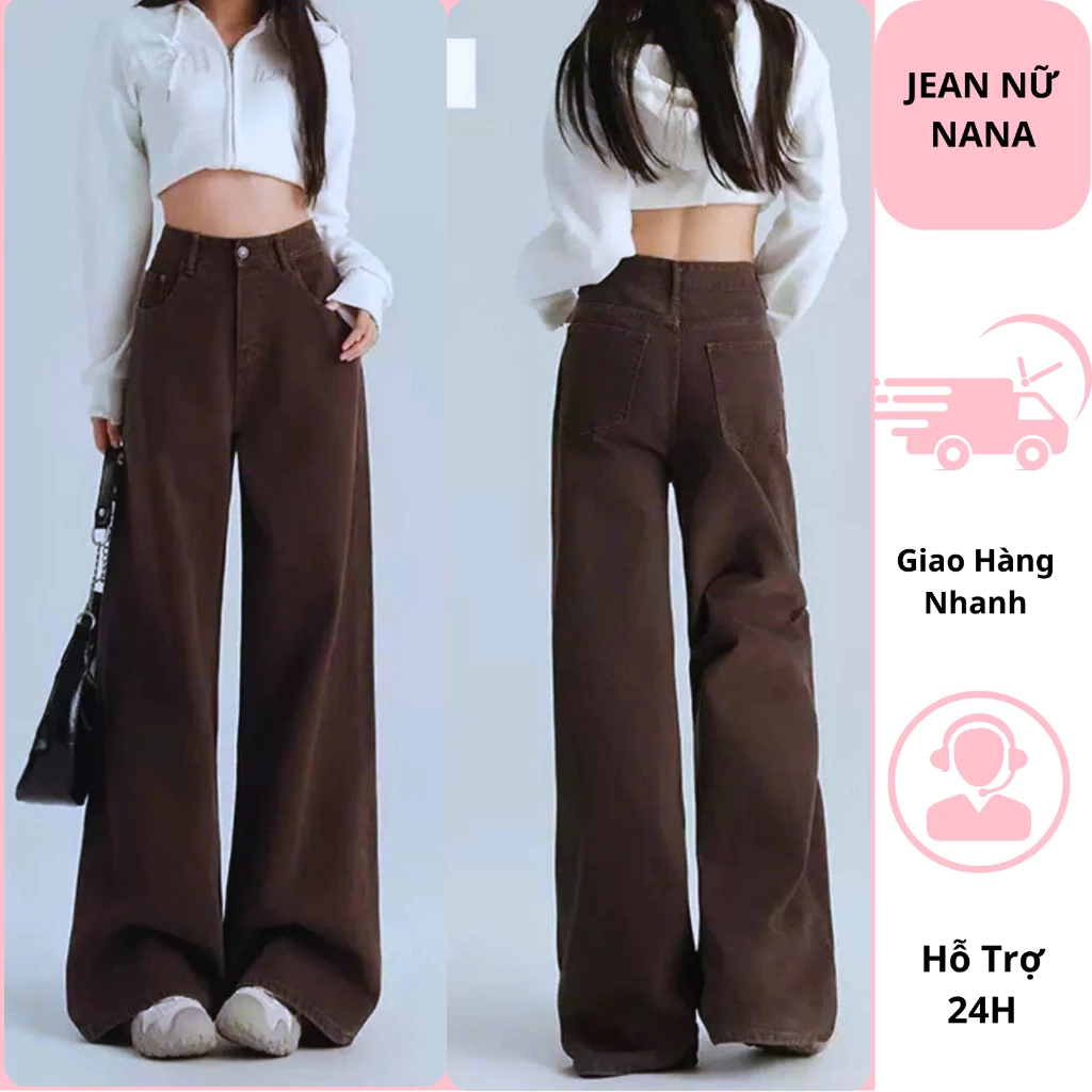 Quần jean nữ ống suông màu nâu choco đậm cạp cao chât vải mềm mịn, quần bò nữ ống rộng ( 27-28 cm ) che khuyết điểm tốt