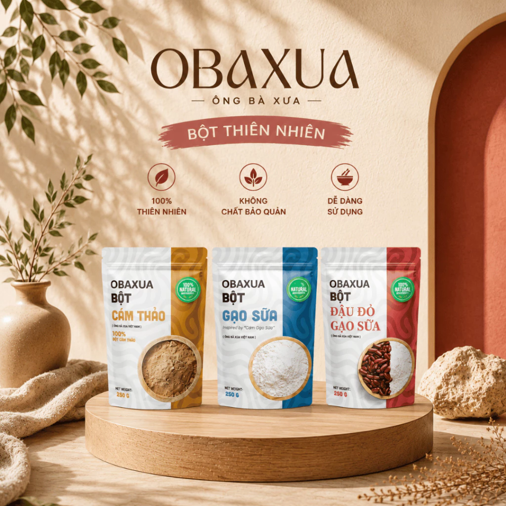 Combo 3 Bột OBAXUA – Đậu Đỏ Cám Gạo 250g, Cam Thảo 225g, Cám Gạo 250g