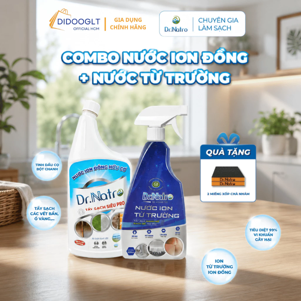 [Tặng 2 Miếng Chà Nhám] Combo Nước Tẩy Đa Năng 500ml & Nước Ion Đồng Hữu Cơ 1000ml Dr Natro Tẩy Sạch Mọi Vết Bẩn