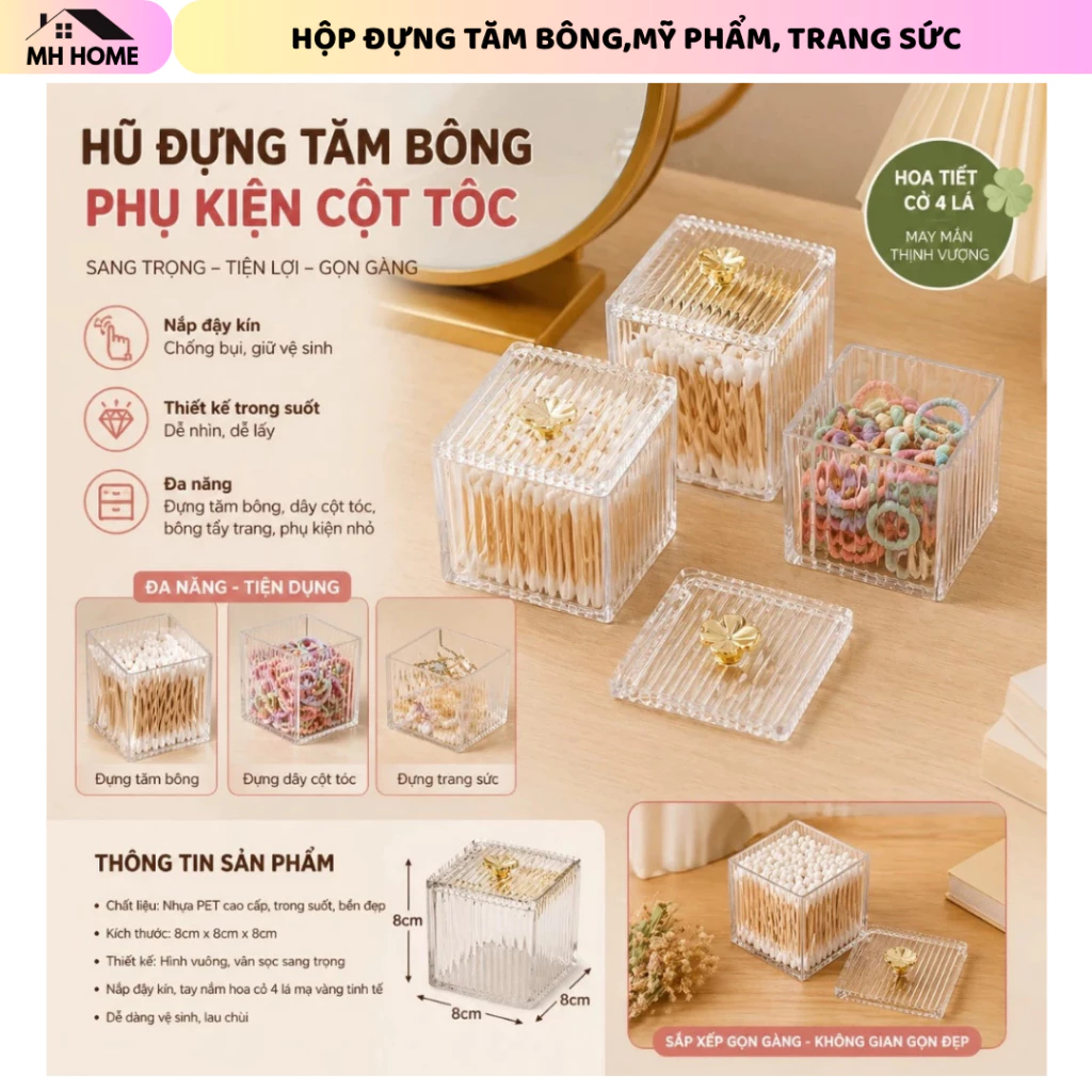 Hộp Đựng Đồ Đa Năng Acrylic Trong Suốt Vân Sóng Sang Trọng, Hộp Đựng Bông Tẩy Trang Tăm Bông Mỹ Phẩm Có Nắp Hoa Cao Cấp