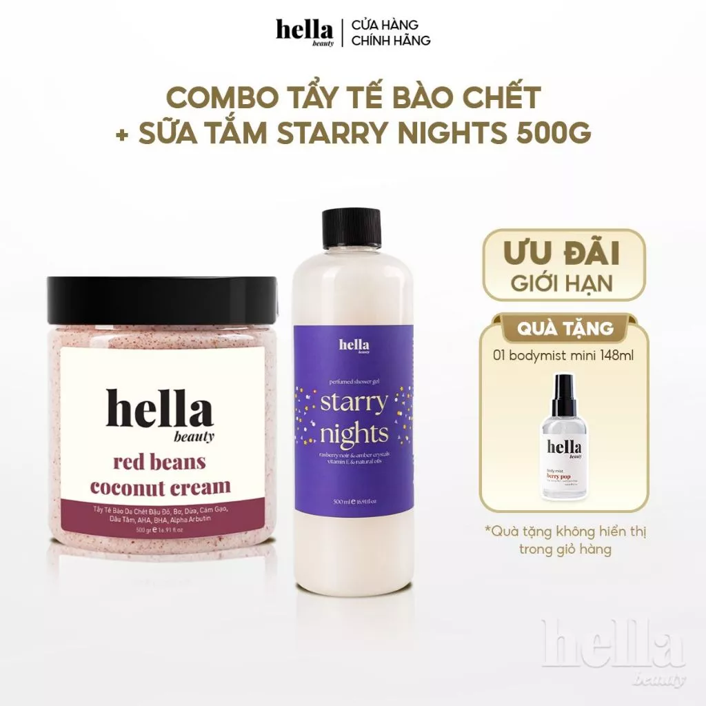 Combo Tẩy tế bào chết cho body Hella Beauty + Sữa tắm dưỡng ẩm mịn sạch sâu cho da Hella Beauty
