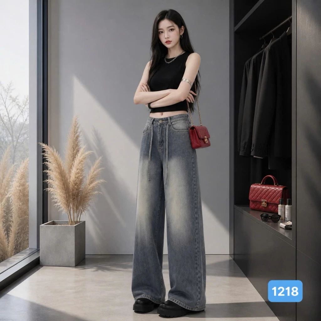 Quần jean baggy nữ wash ống rộng phối dây thừng trẻ trung - QBG1218 Quần chất bò nữ lưng cao hack dáng OBOKFASHION