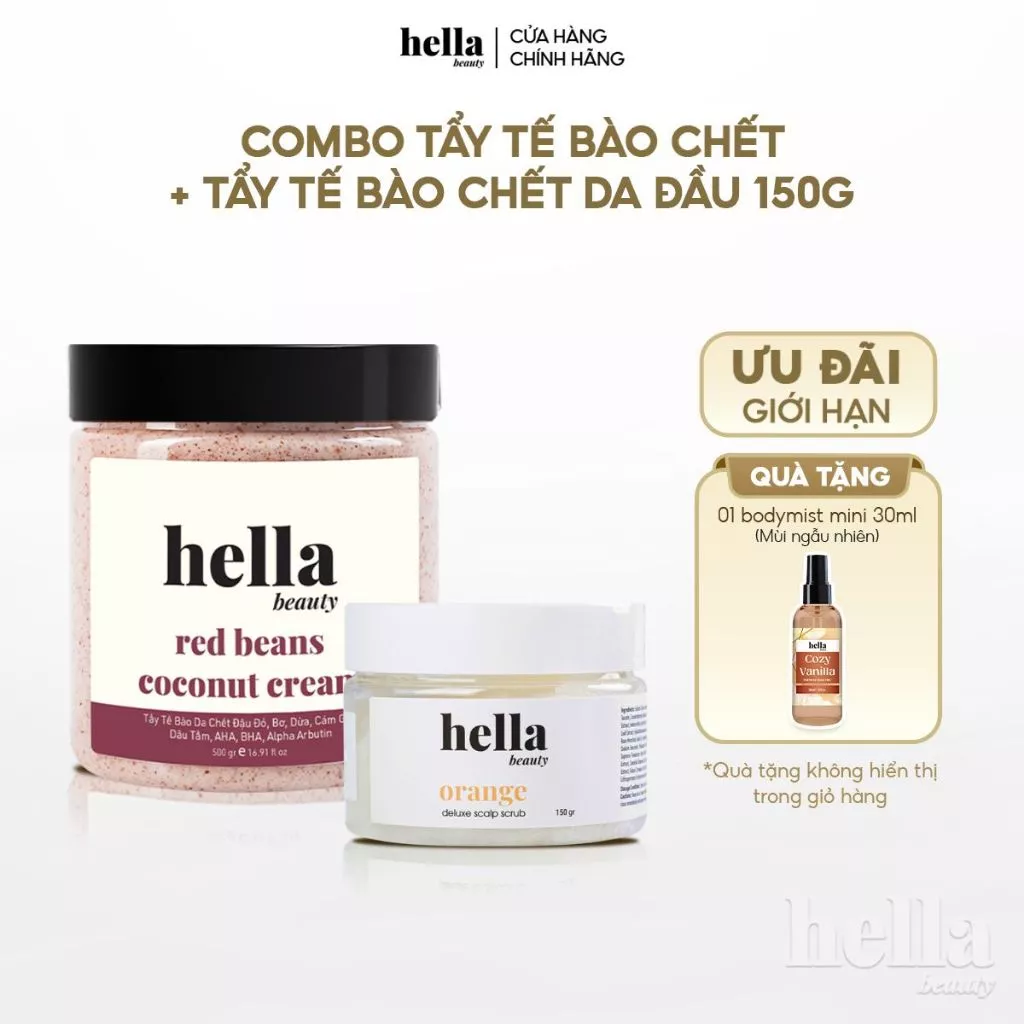 Combo tẩy tế bào chết body Hella Beauty + Tẩy tế bào chết da đầu tinh chất quả cam Hella Beauty 150g