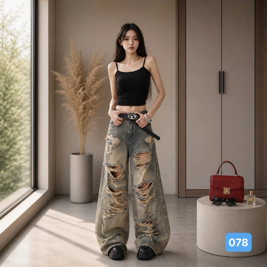 Quần jean baggy nữ suông màu xanh ánh vàng rách phong cách Ulzzang - Quần rin nữ ống rộng OBOKFASHION QBG078