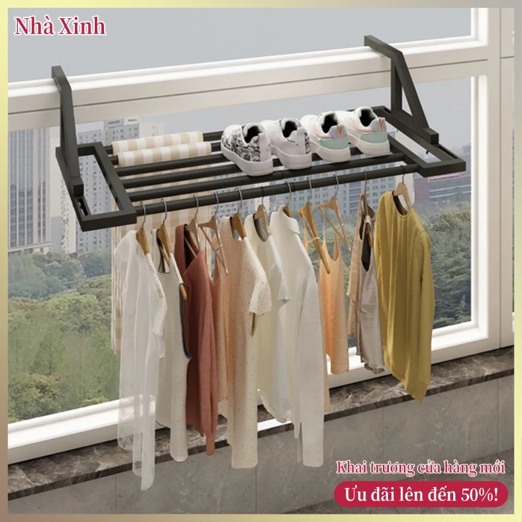 Giá phơi đồ kéo dài treo ban công - gia cố lan can, phơi quần áo và giày trên bệ cửa sổ, dụng cụ phơi đồ thông minh
