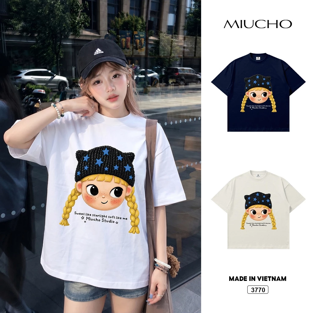 Áo thun boxy nữ Cartoon Girl đáng yêu in mix Miucho 3770