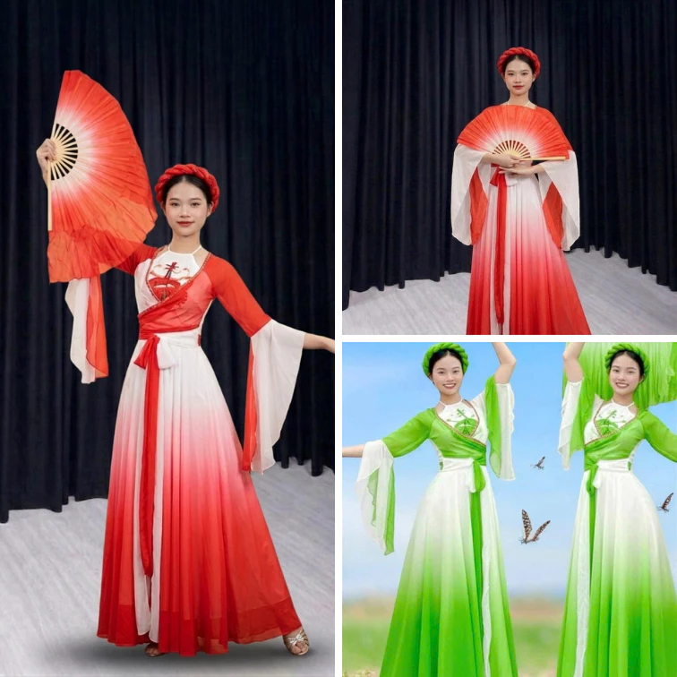 Trang phục biểu diễn nhóm múa, bộ tứ thân truyền thống phối màu trắng đỏ thiết kế hoạ tiết đàn bầu viền đính ngọc xẻ tay