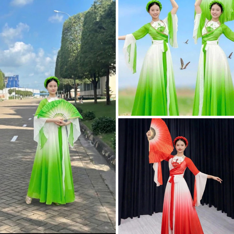 Trang phục biểu diễn nhóm múa, bộ tứ thân truyền thống phối màu trắng xanh thiết kế hoạ tiết viền đính ngọc xẻ tay