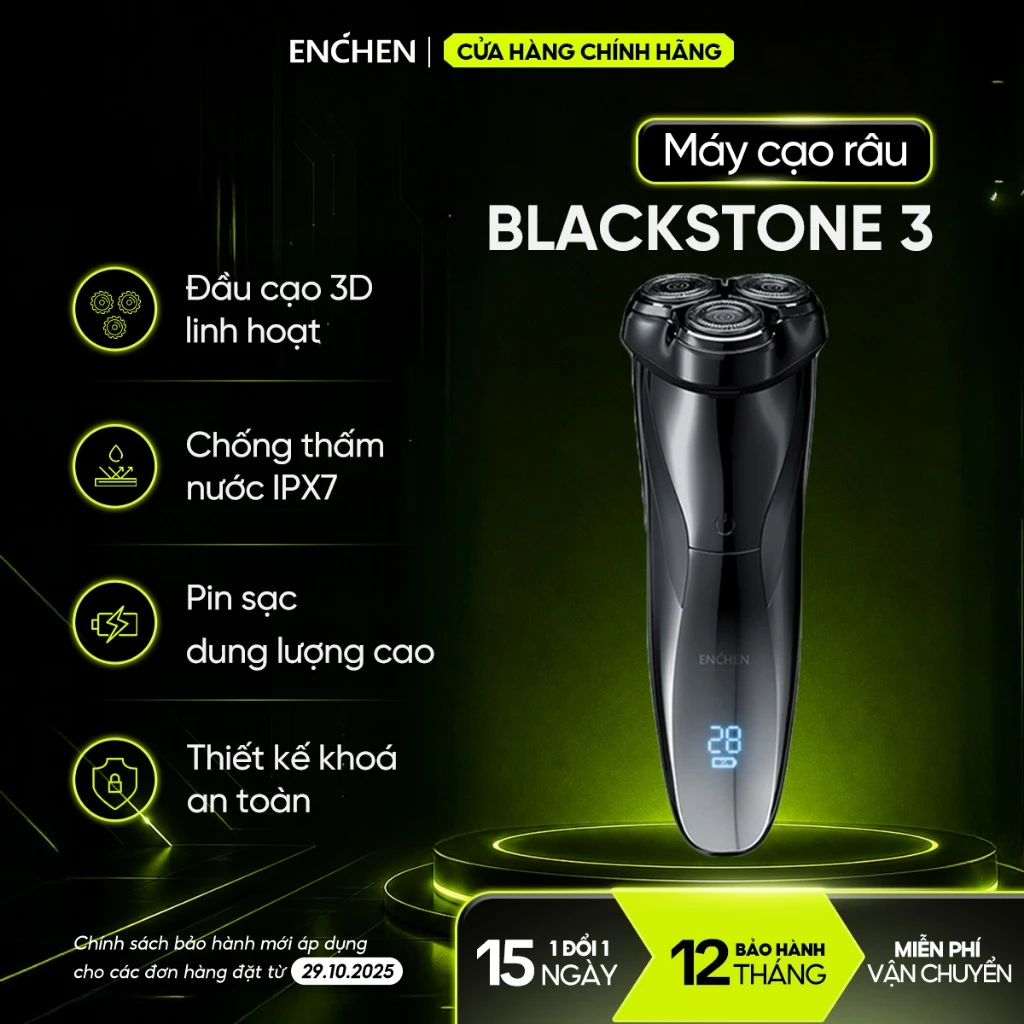 Máy cạo râu Enchen Blackstone 3 chống nước IPX7, tích hợp tông đơ nhỏ, lưỡi dao nổi 3D - BH 12 tháng