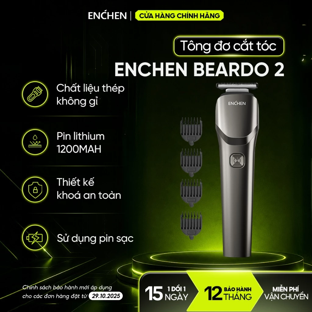 Tông đơ cắt tóc Enchen Beardo 2 tốc độ cao tông đơ chuyên dụng, lưỡi thép không gỉ, tặng 4 cử tạo kiểu- BH 12 tháng