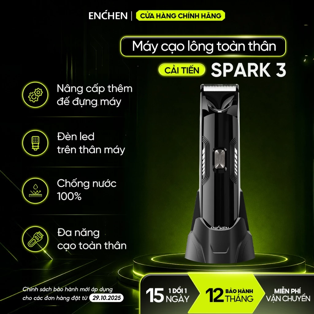 Máy Cạo Lông Toàn Thân Enchen Spark 3 - Cạo Lông Vùng Kín, Chân, Nách Cho Nam & Nữ - Chống Nước, Đèn Led, An Toàn