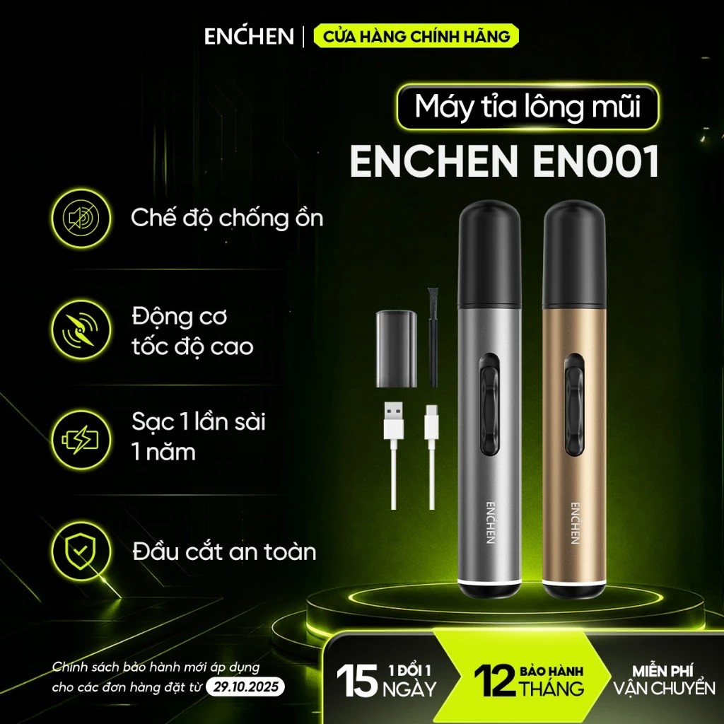 Máy tỉa lông mũi Enchen EN001, EN005 (dùng pin AA) mini có thể tháo rời, dao cắt hai lưỡi xoay 360°