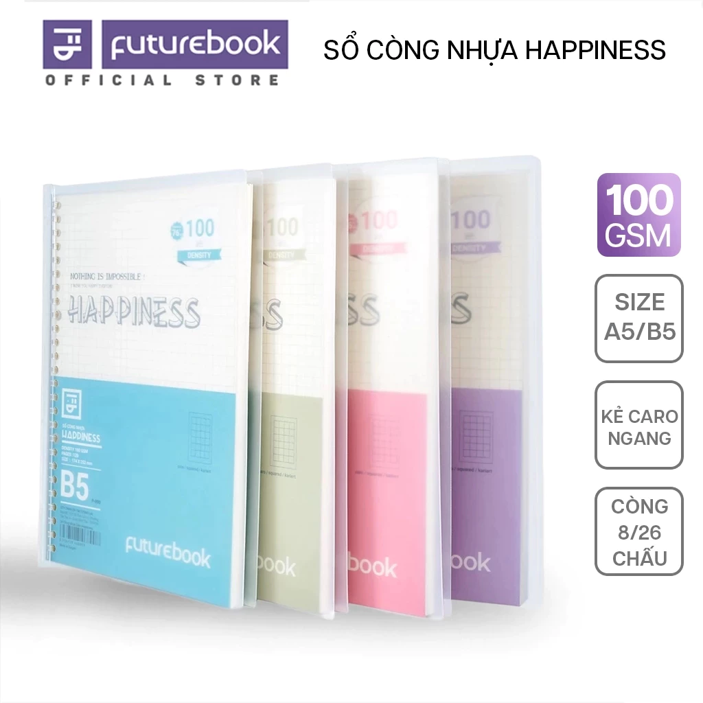 Sổ Còng Nhựa Happiness/Còng Khoen Romantic A5 B5, Kèm Ruột Giấy Refill, Làm Sổ Tay Planner FUTUREBOOK