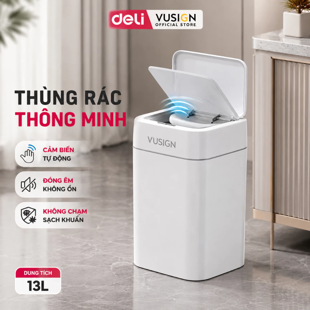 Thùng rác thông minh nắp tự động cảm biến đóng mở 13L/18L Deli chống thấm nước khử mùi thích hợp phòng khách, bếp
