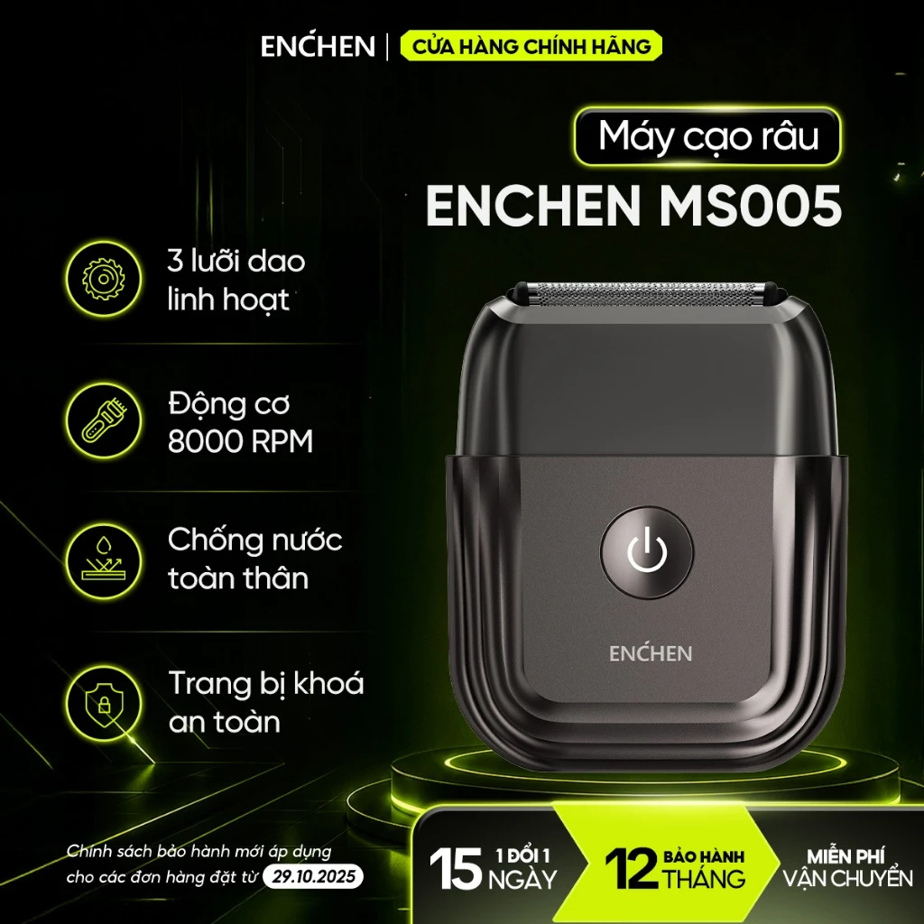 [Dòng cao cấp] Máy cạo râu Enchen MS005, chống nước IPX7, đầu dao nổi 3D với hệ thống 3 lưỡi siêu mỏng