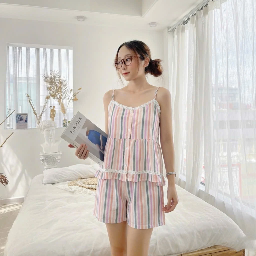 Bộ ngủ 2 dây bèo ngực dễ thương lịch sự chất voan lụa quần mango mềm đẹp thấm mồ hôi tốt