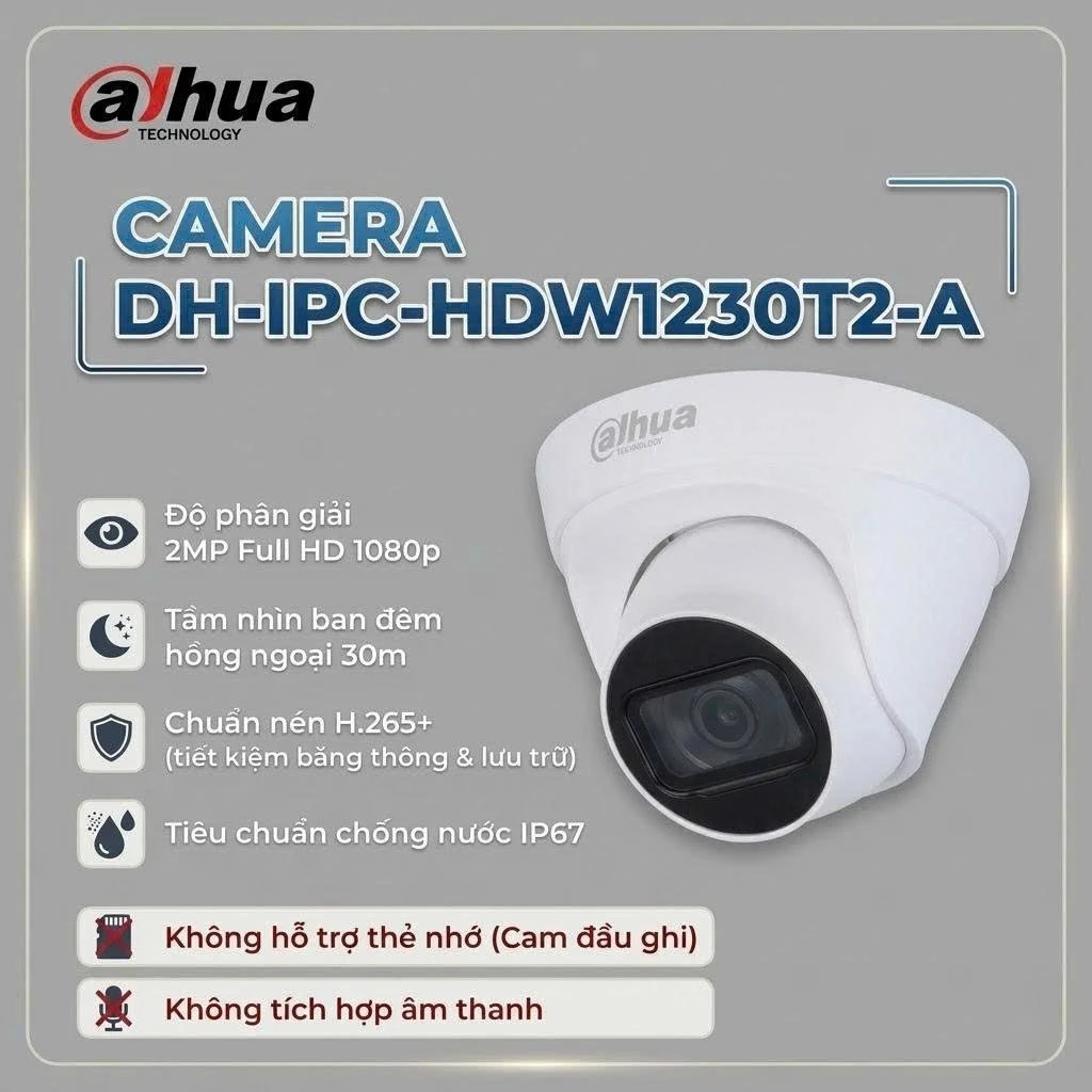 (TẶNG HKT)Camera Dahua DH-IPC-HDW1230T2-A 2MP Full HD Hồng Ngoại 30m Chuẩn IP67