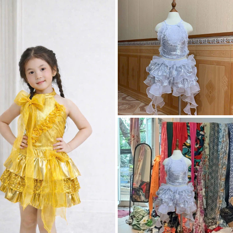 Váy nhảy bé gái, váy múa biểu diễn văn nghệ đính kim tuyến kết hoa, váy nhảy khiêu vũ dạ hội, váy nhảy bé gái đủ màu