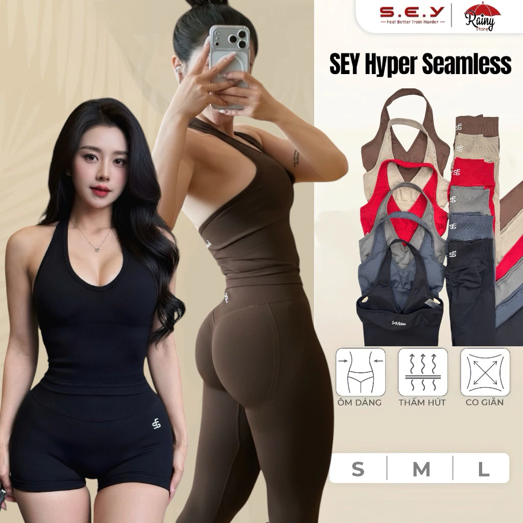 [ CHÍNH HÃNG S/M ] SEY Hyper Seamless/ Bo.Tee Passion -Bộ Đồ Tập Gym Yoga Thun Dệt, Quần Dài Chun Mông, Áo Yếm Dài