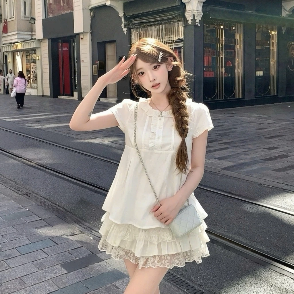 Áo sơ mi kiểu nữ SM451 Kozoda chất gió hàn họa tiết babydoll xếp ly viền bèo dáng vừa tiểu thư ngắn tay form vừa