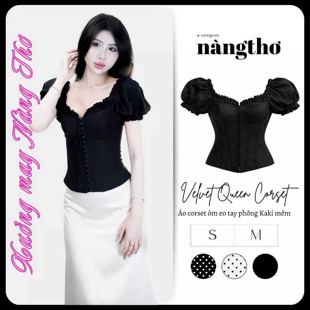 1200[Có Mút] Vintage Chic Corset-Áo Corset Ôm Eo Tay Phồng Sang Chảnh Chất Kaki Mềm