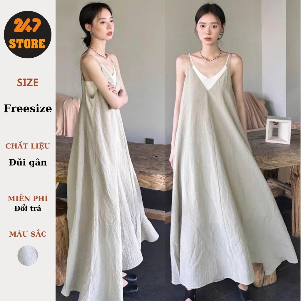 Đầm dài 2 dây dáng xoè vintage váy maxi đi biển tặng kèm quây rời - 247store