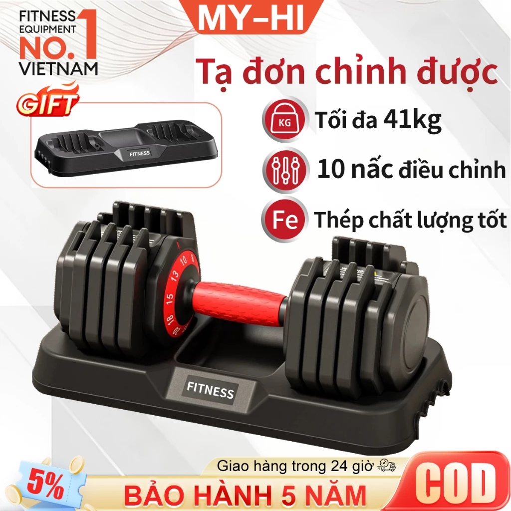 Tạ đơn điều chỉnh,Quả tạ,Mỗi bên nặng tối đa 41kg,10 nấc chỉnh tạ,Chất liệu thép,Có khay đựng,dụng cụ gym đa năng,Tạ tay