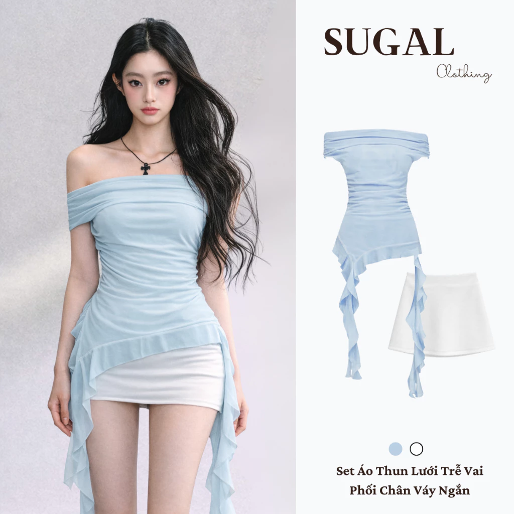 SUGAL - Set Áo Thun Lưới Kiểu Trễ Vai Hai Lớp Thun Lưới Kèm Lớp Lót - Phối Chân Váy Ngắn Chất Umi | TOP 295 + CV 101