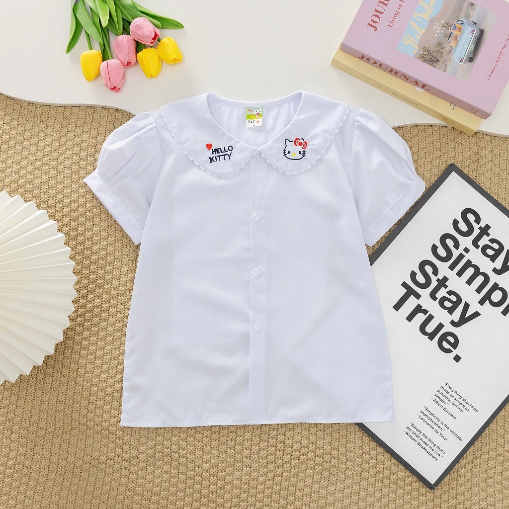 Áo sơ mi trắng nữ học sinh đồng phục học sinh bé gái cấp 1 cấp 2, sơ mi cổ sen, đồ đi học tiểu học