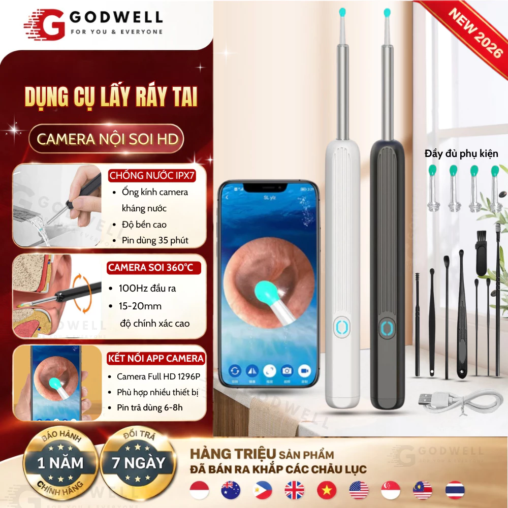Bộ Dụng Cụ Lấy Ráy Tai Có Gắn Camera Nội Soi Đa Năng Hình Ảnh Full HD 1296P Sắc Nét