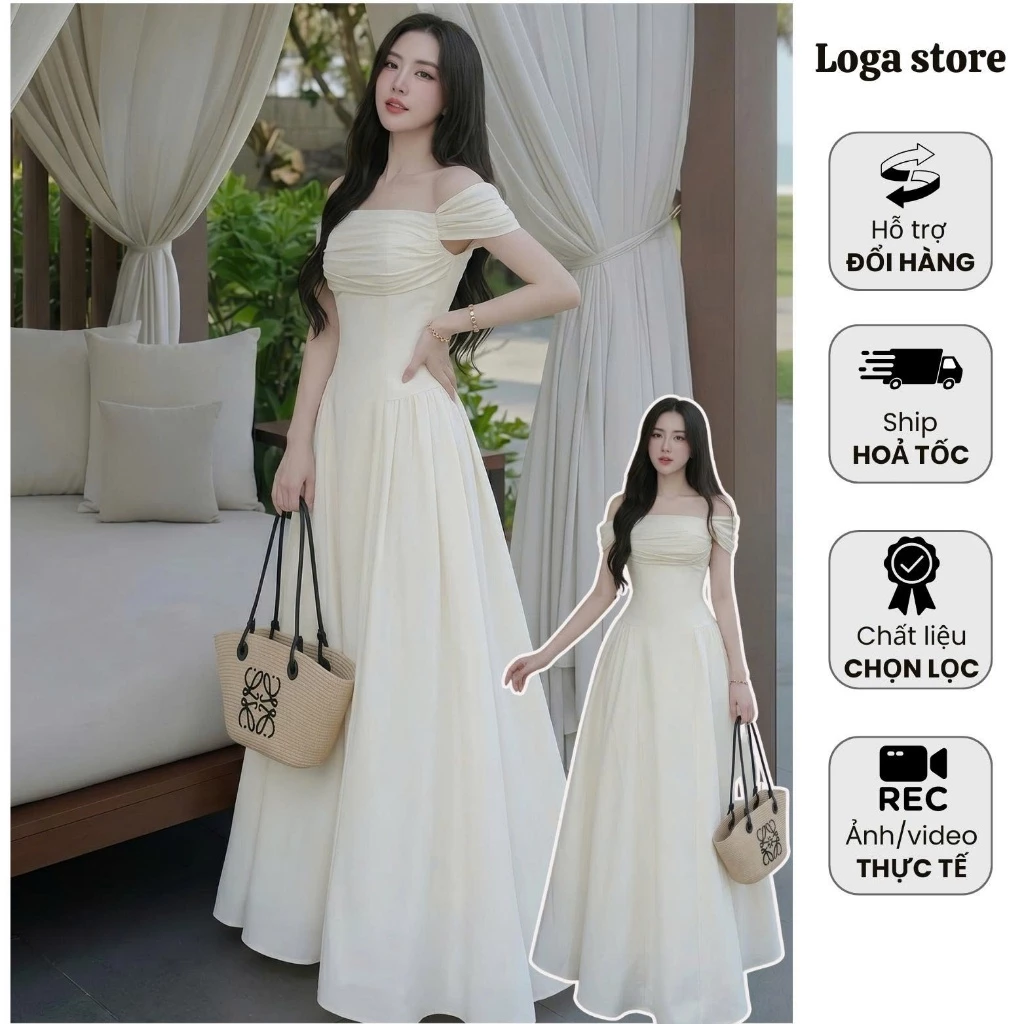 Đầm Maxi Trễ Vai Dự Tiệc Bãi Biển Dáng Dài,Đầm Đi Biển Phối Tơ Rúm Li Ngực Thanh Lịch Loga Store_787