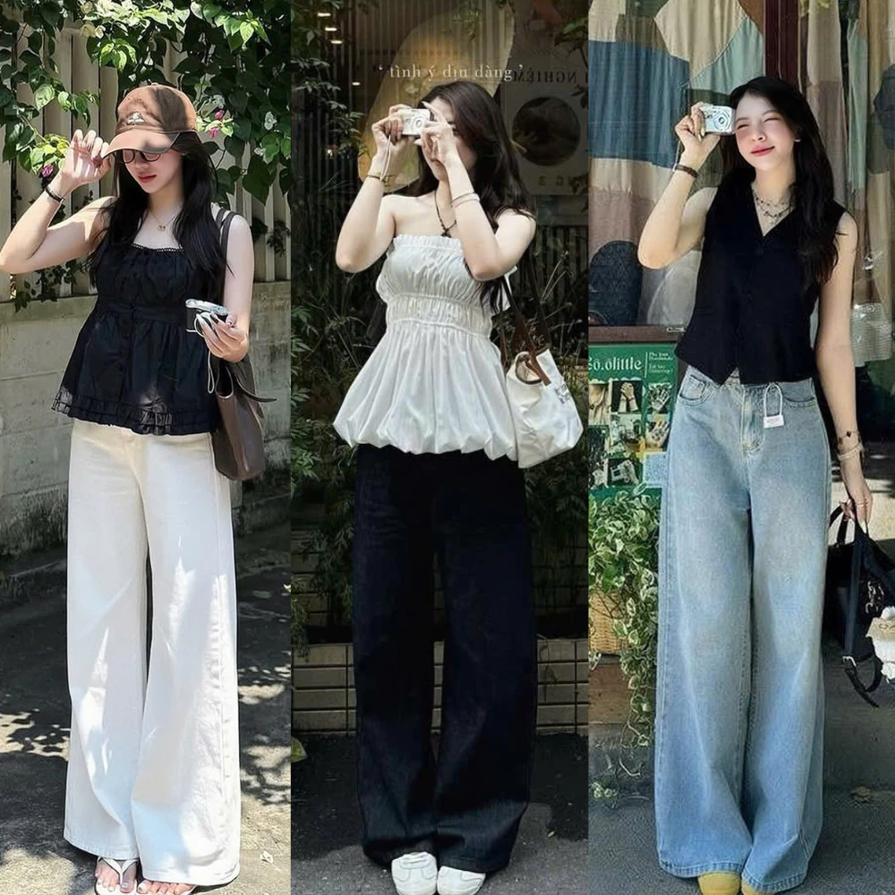 (ẢNH OLDSCHOOL) Quần jeans TRẮNG ỐNG LOE form rộng dài chùm phủ chân Q7767, quần jeans nữ ống xuông rộng Misho cạp cao