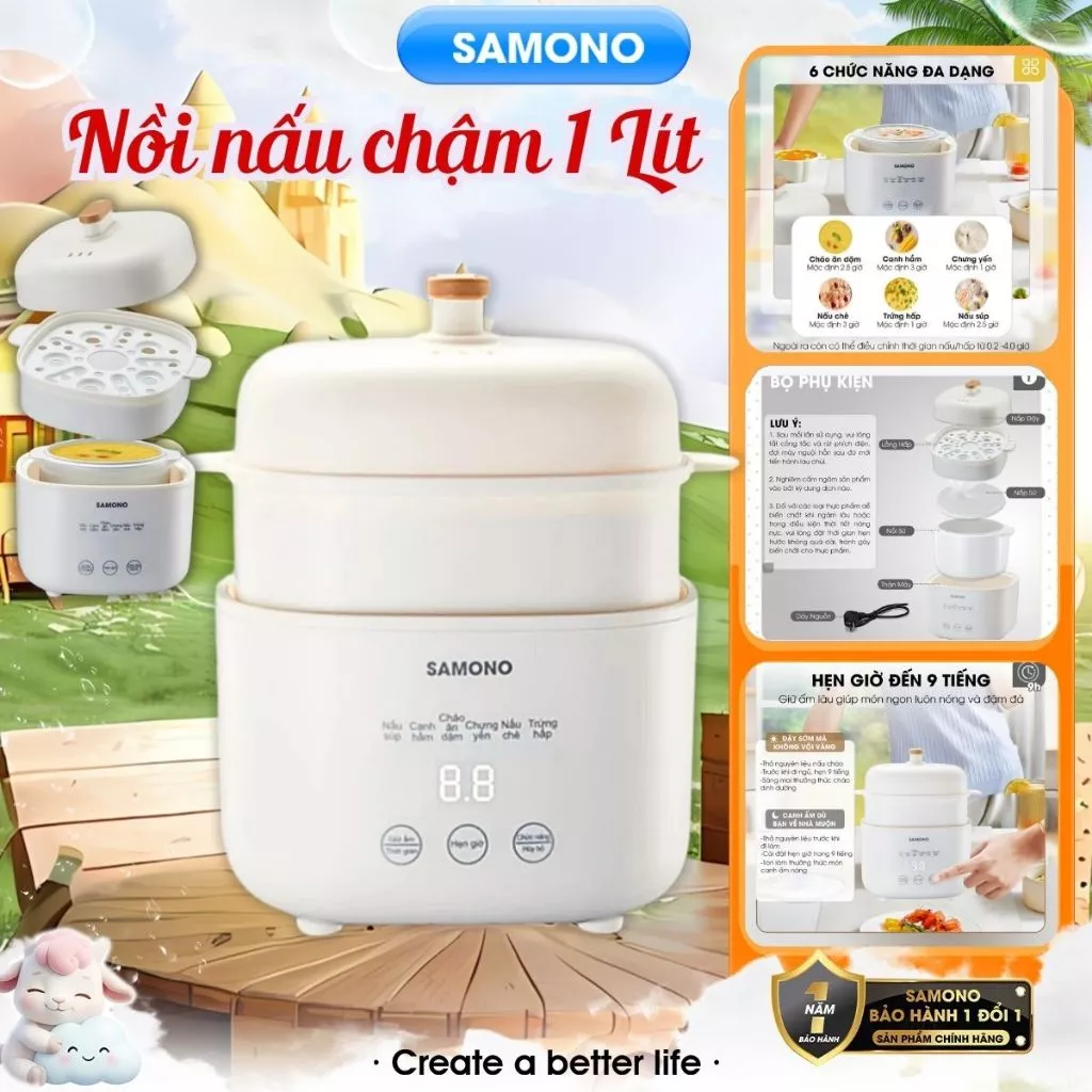 (Bản Nâng Cấp) Nồi nấu chậm đa năng SAMONO SW-SC10 dung tích 1L phiên bản tiếng Việt - Hàng chính hãng BH 1 năm