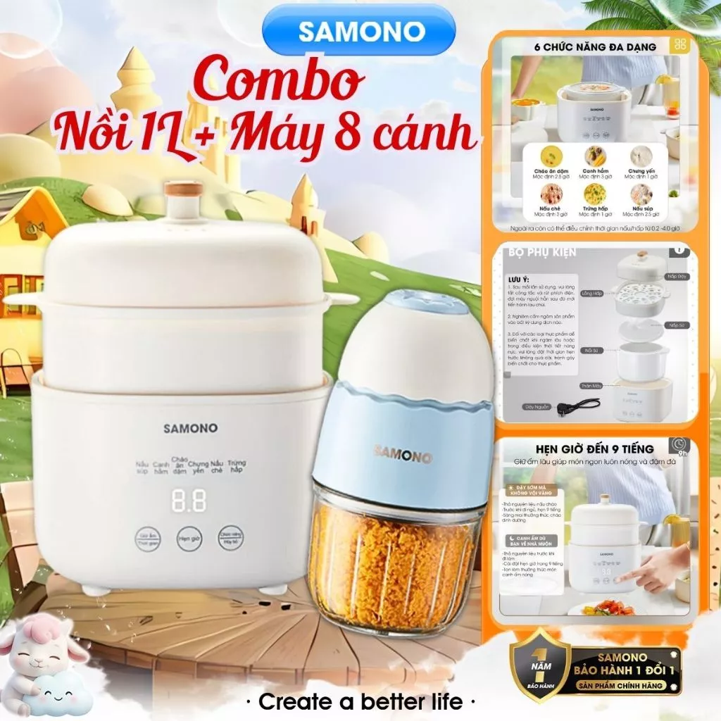 Combo nồi nấu cháo chậm Samono 1 Lít SC10 và máy xay mini ăn dặm cho bé 0.3L SW-MC200S