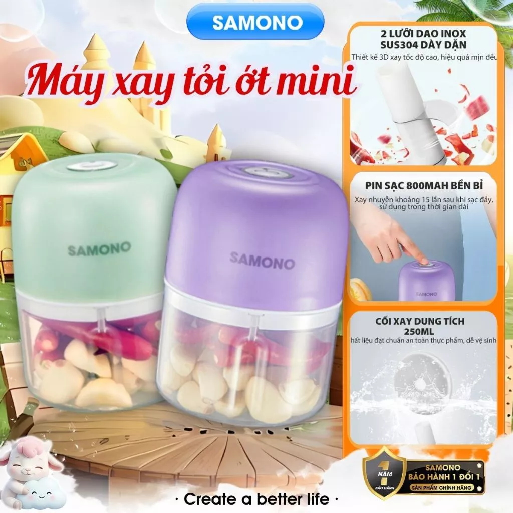 (BH 1 năm) Máy xay tỏi ớt cầm tay Samono SW-L4  250ml 30w không dây, dung lượng pin sạc 800 mAh, cổng type C