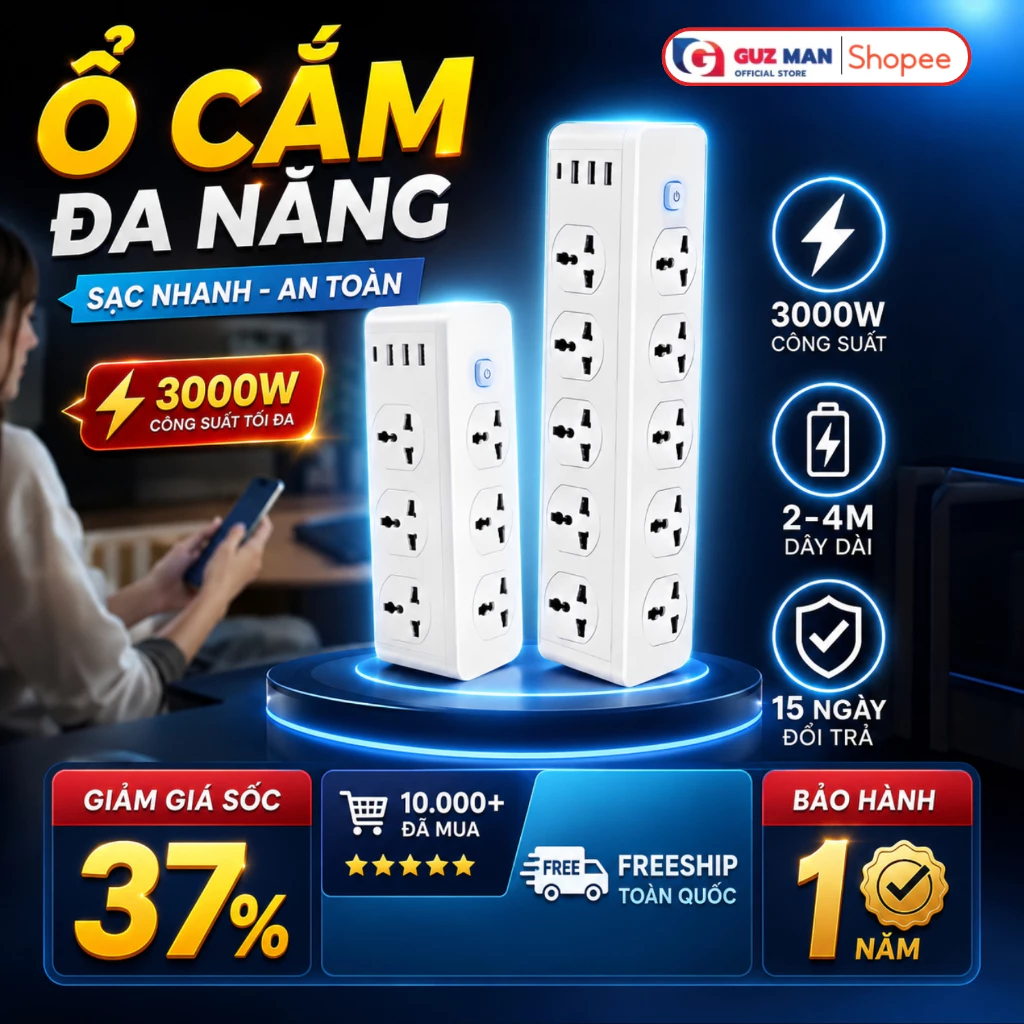 Ổ Cắm Điện Tam Giác Đa Năng Chống Giật Chịu Tải 3000W, 10 Ổ Cắm 3 USB 1 Type C, Chốt  Bảo Vệ An Toàn